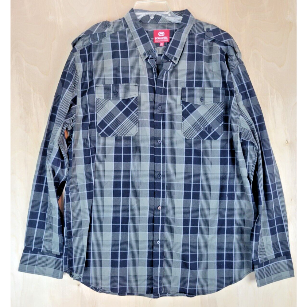 Ecko Unltd. Button Up Shirt Men’s 2XL Black Grey Plaid Long Sleeves Pockets
